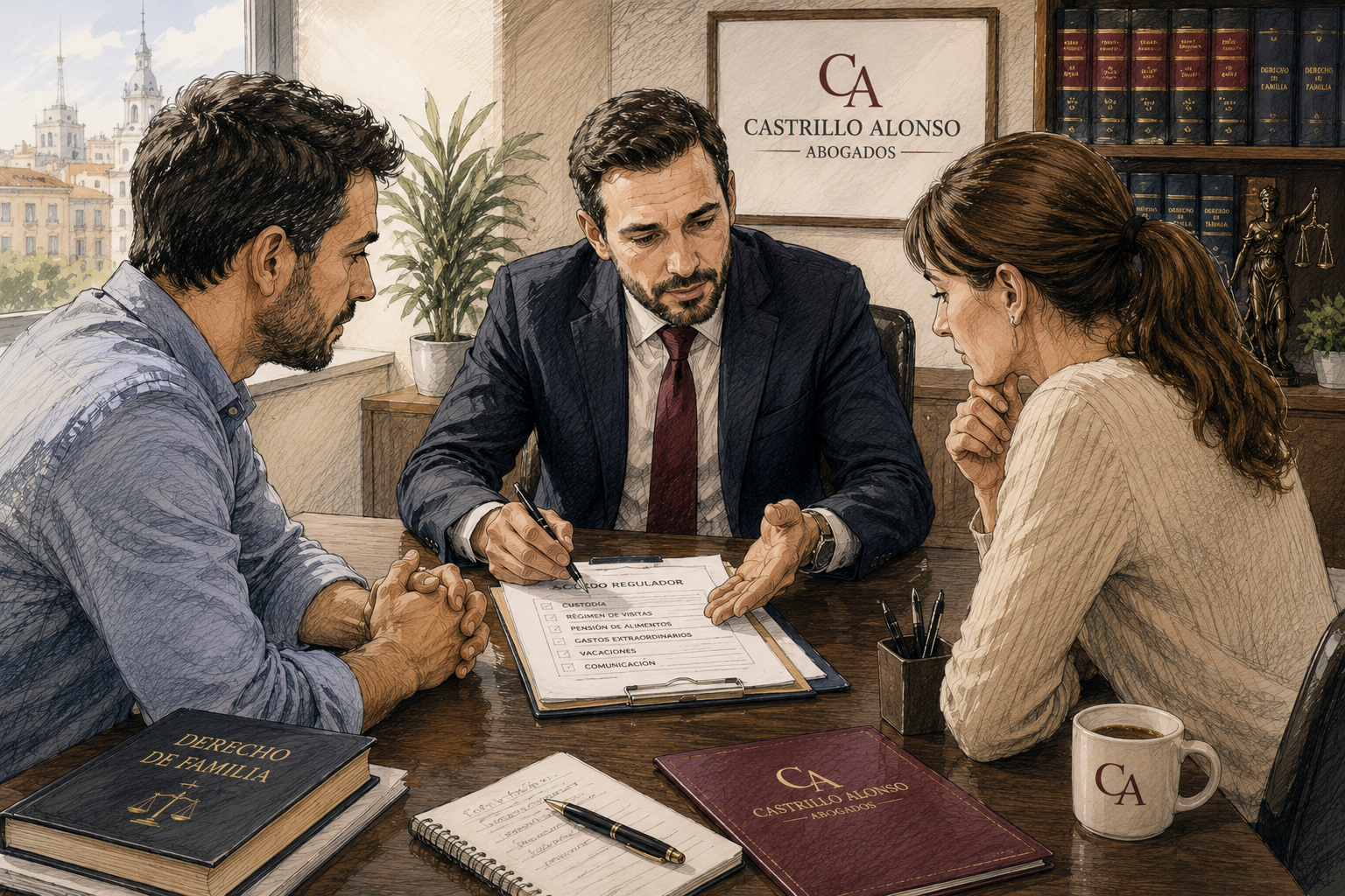 Abogado de familia en Madrid revisando un procedimiento de divorcio, custodia y MASC