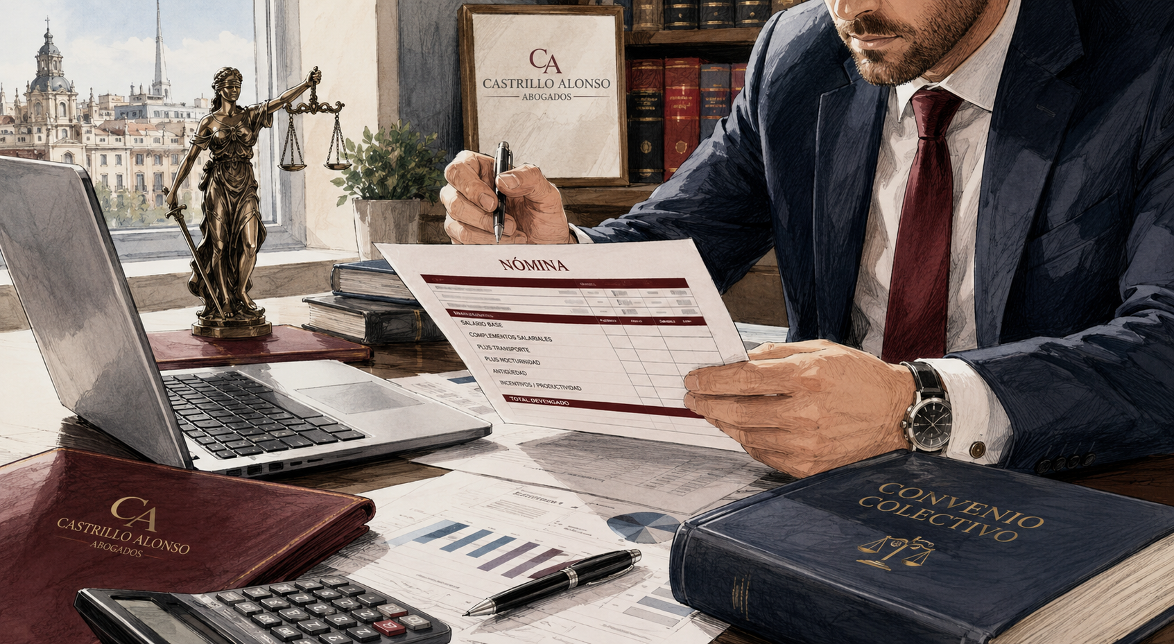 Abogado laboralista revisando una nómina y complementos salariales por la subida del SMI 2026