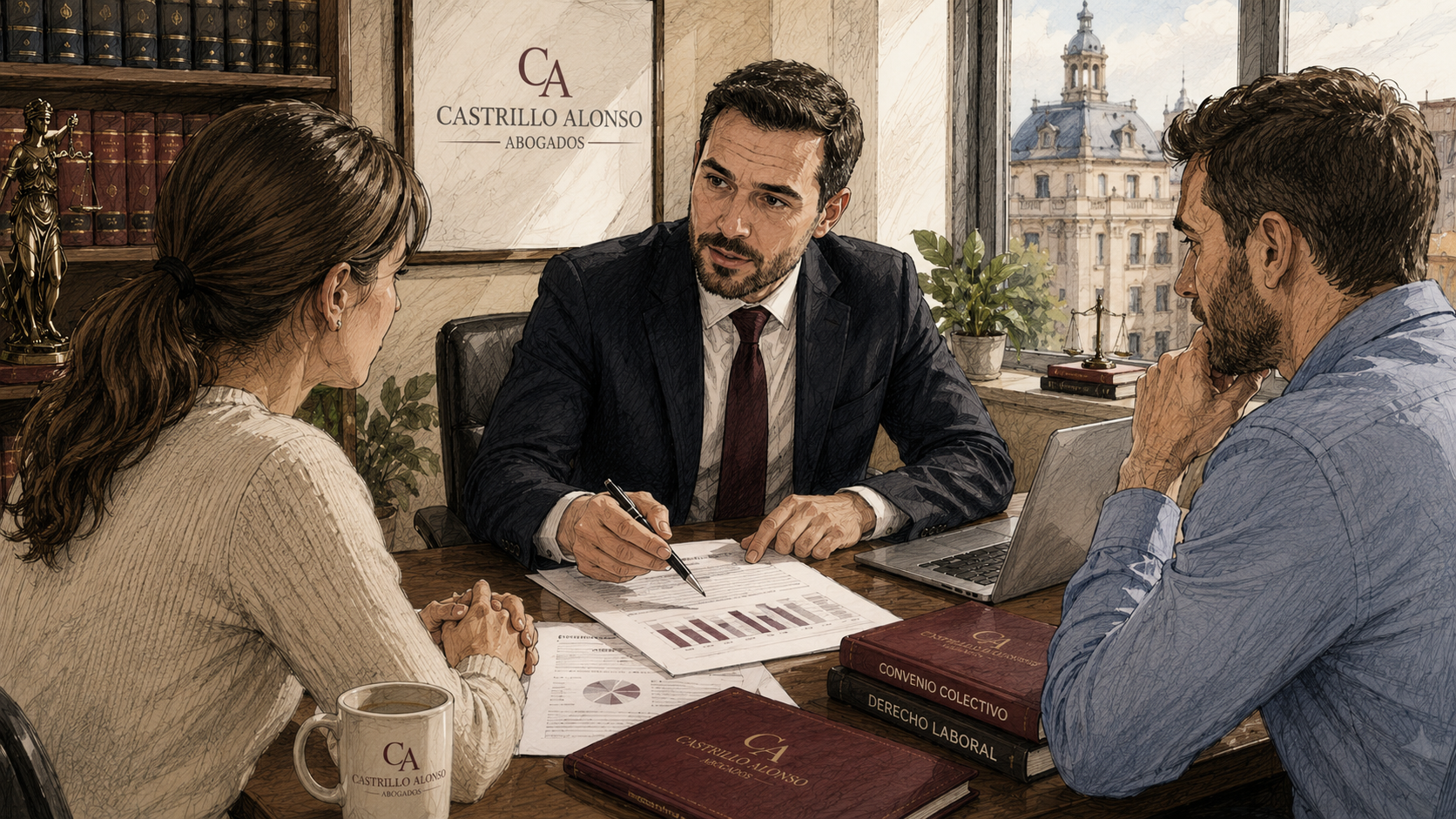 Empresa y trabajador revisando salario mínimo interprofesional, convenio colectivo y complementos salariales